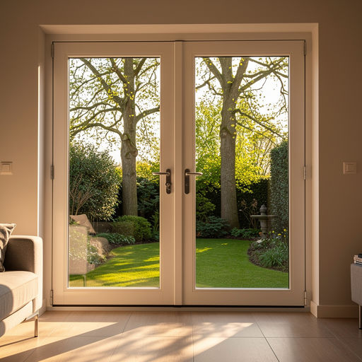 uitzicht vanuit woning in Oud Gastel door kunststof openslaande tuindeuren naar tuin met bomen