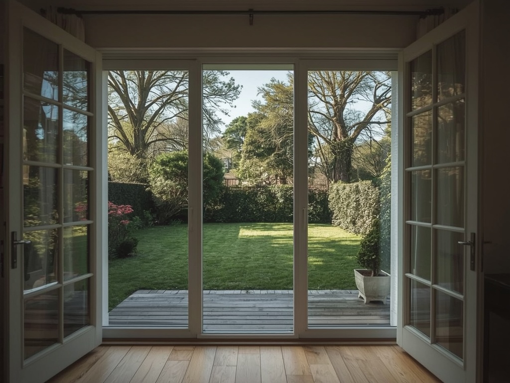 uitzicht vanuit woning in Made door kunststof openslaande tuindeuren naar tuin met bomen