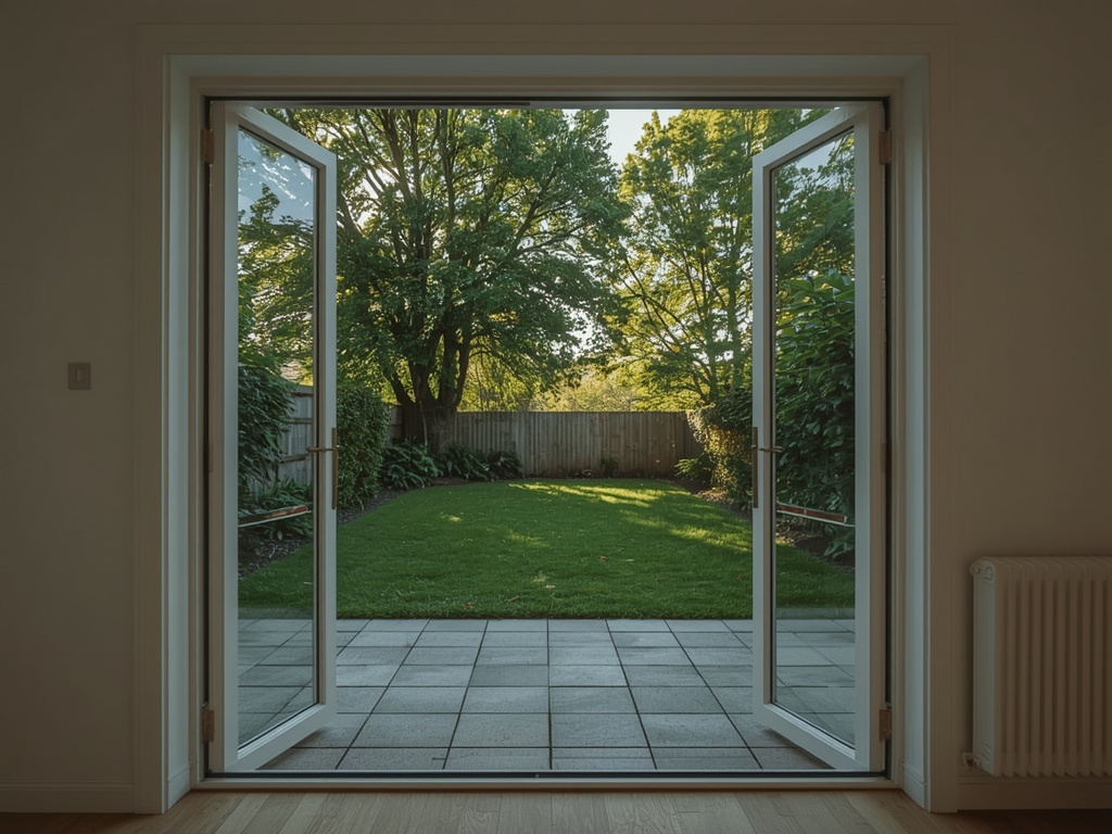 uitzicht vanuit woning in Moerdijk door kunststof openslaande tuindeuren naar tuin met bomen
