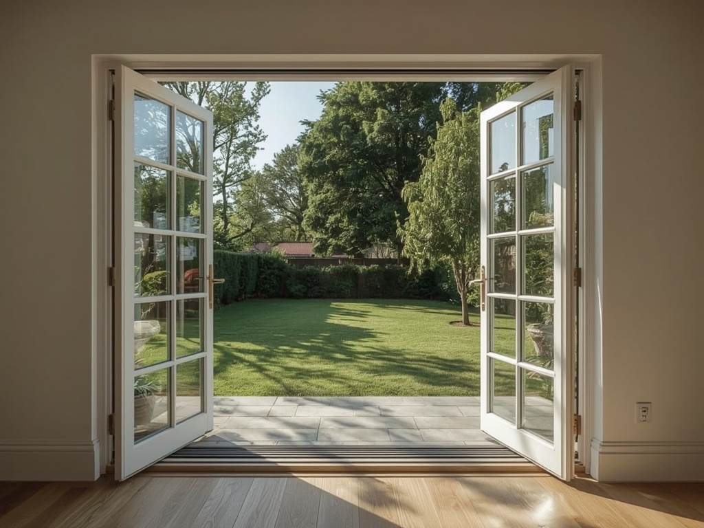 uitzicht vanuit een woning in Klundert door kunststof openslaande tuindeuren naar een groene tuin