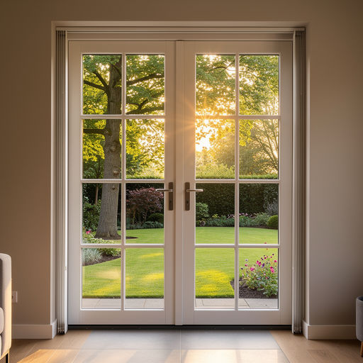 uitzicht vanuit woning in Roosendaal door kunststof openslaande tuindeuren naar tuin met bomen