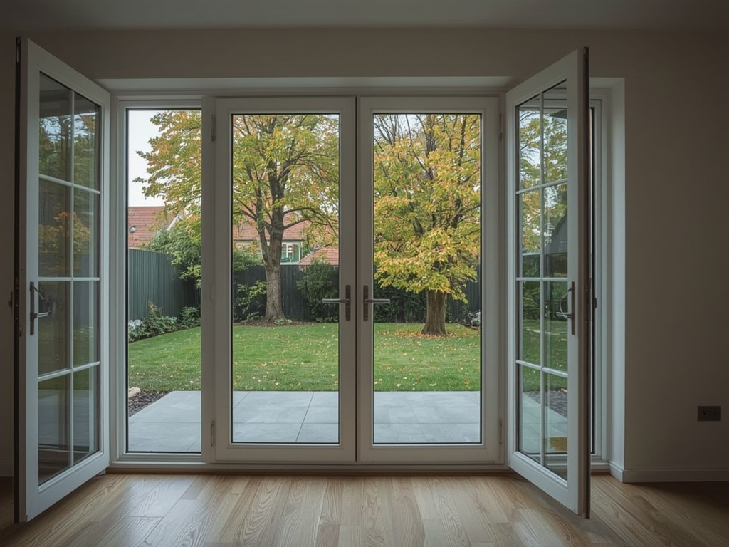 uitzicht vanuit woning in Oudenbosch door kunststof openslaande tuindeuren naar tuin met bomen