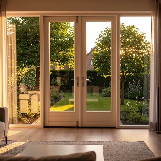 uitzicht vanuit woning in Breda door kunststof openslaande tuindeuren naar tuin met bomen
