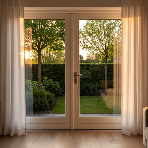 uitzicht vanuit woning in Hoeven door kunststof openslaande tuindeuren naar tuin met bomen