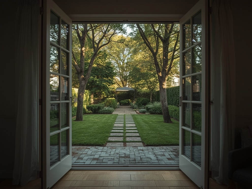 uitzicht vanuit woning in Geertruidenberg door kunststof openslaande tuindeuren naar tuin met bomen
