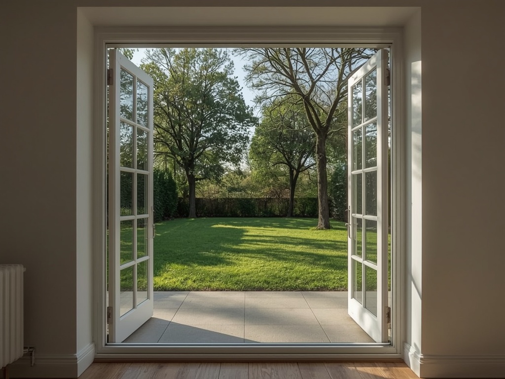 uitzicht vanuit woning in Kaatsheuvel door kunststof openslaande tuindeuren naar tuin met bomen
