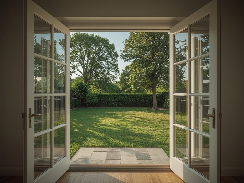 uitzicht vanuit woning in Waalwijk door kunststof openslaande tuindeuren naar tuin met bomen