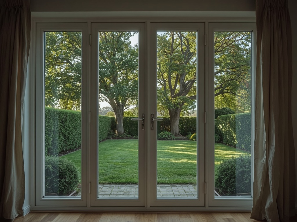 uitzicht vanuit woning in Rucphen door kunststof openslaande tuindeuren naar tuin met groen
