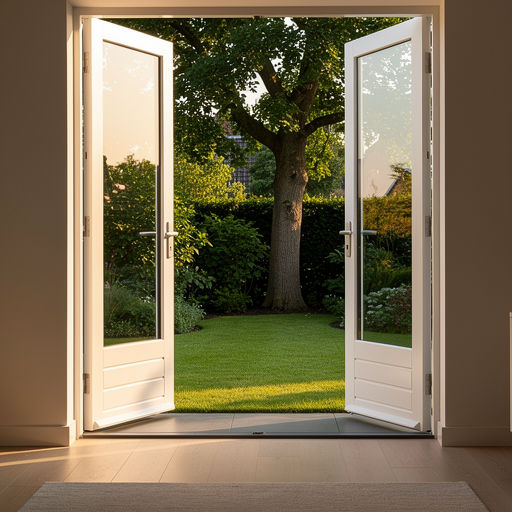 uitzicht vanuit woning in Willemstad door kunststof openslaande tuindeuren naar tuin met bomen