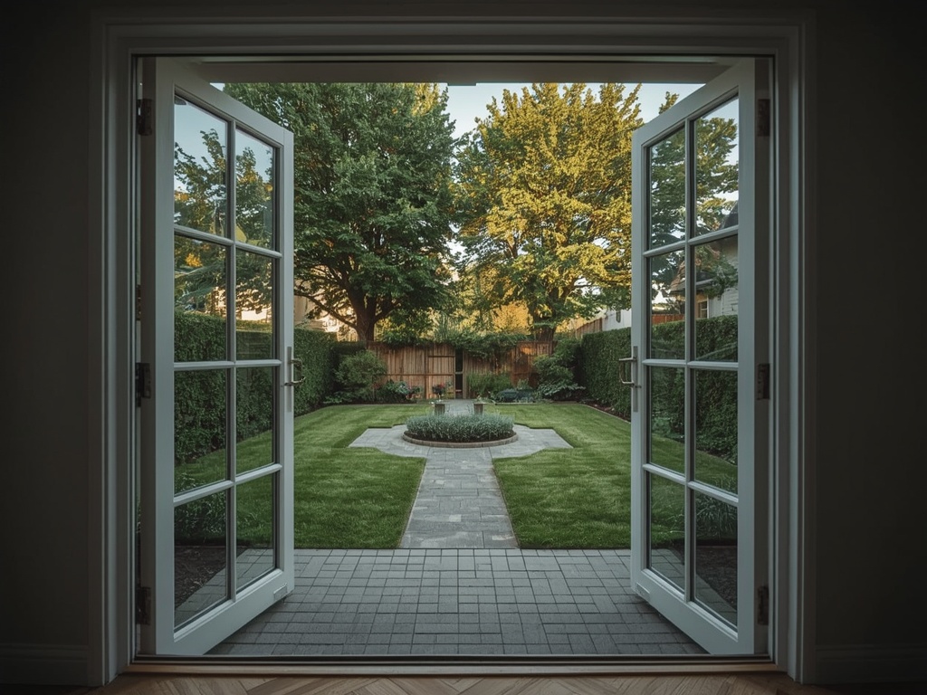 uitzicht vanuit woning in Standdaarbuiten door kunststof openslaande tuindeuren naar tuin met bomen