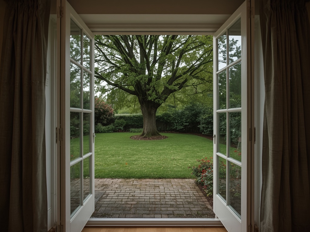 uitzicht vanuit woning in Etten-Leur door kunststof openslaande tuindeuren naar tuin met bomen