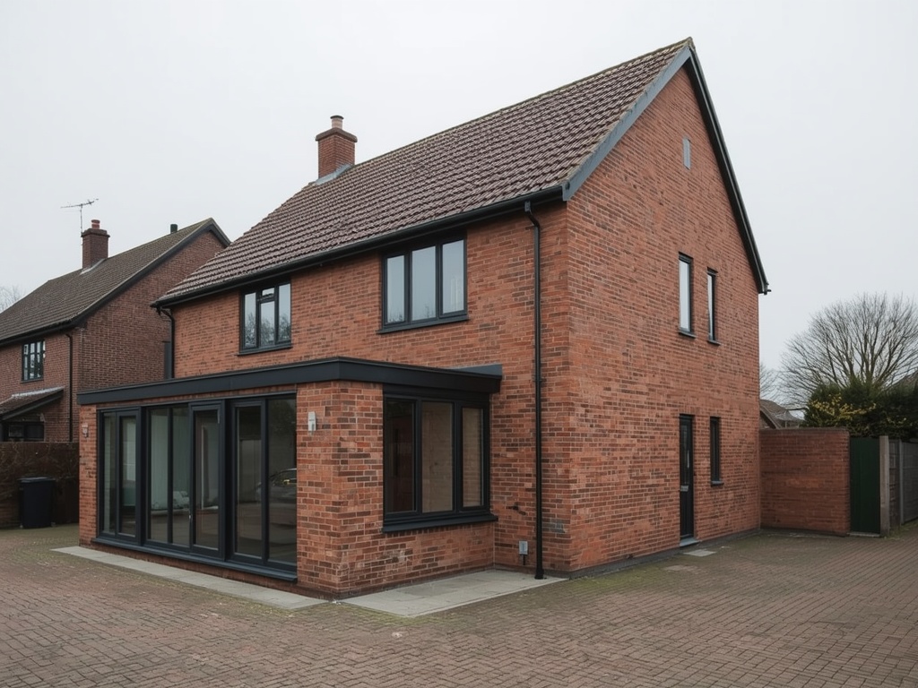 vrijstaande jaren-90 woning in Roosendaal met antraciet kunststof kozijnen en aanbouw