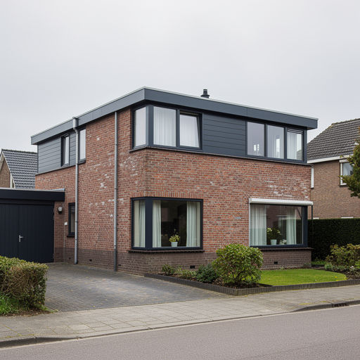 vrijstaande jaren-90 woning in Halderberge met antraciet kunststof kozijnen en aanbouw