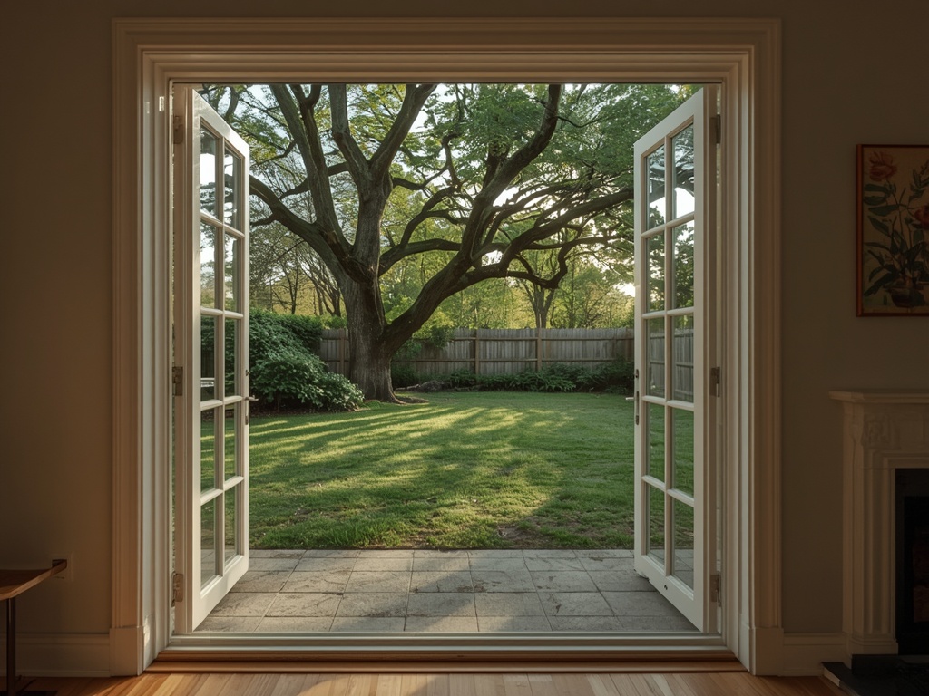 uitzicht vanuit woning in Halderberge door kunststof openslaande tuindeuren naar tuin met bomen