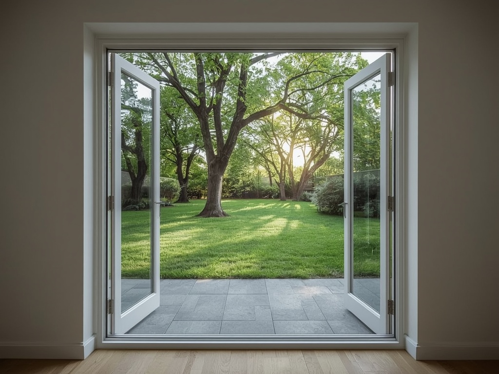 uitzicht vanuit woning in Zevenbergen door kunststof openslaande tuindeuren naar tuin met bomen