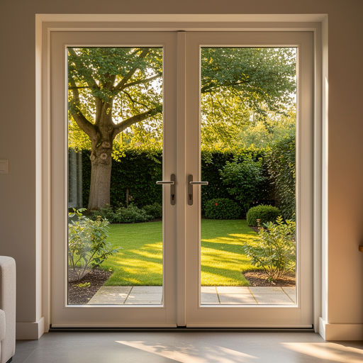 uitzicht vanuit woning in Sprundel door kunststof openslaande tuindeuren naar tuin met bomen