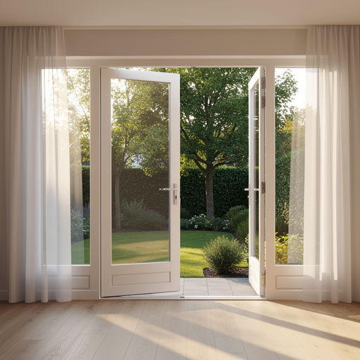 uitzicht vanuit woning in Oosterhout door kunststof openslaande tuindeuren naar tuin met bomen