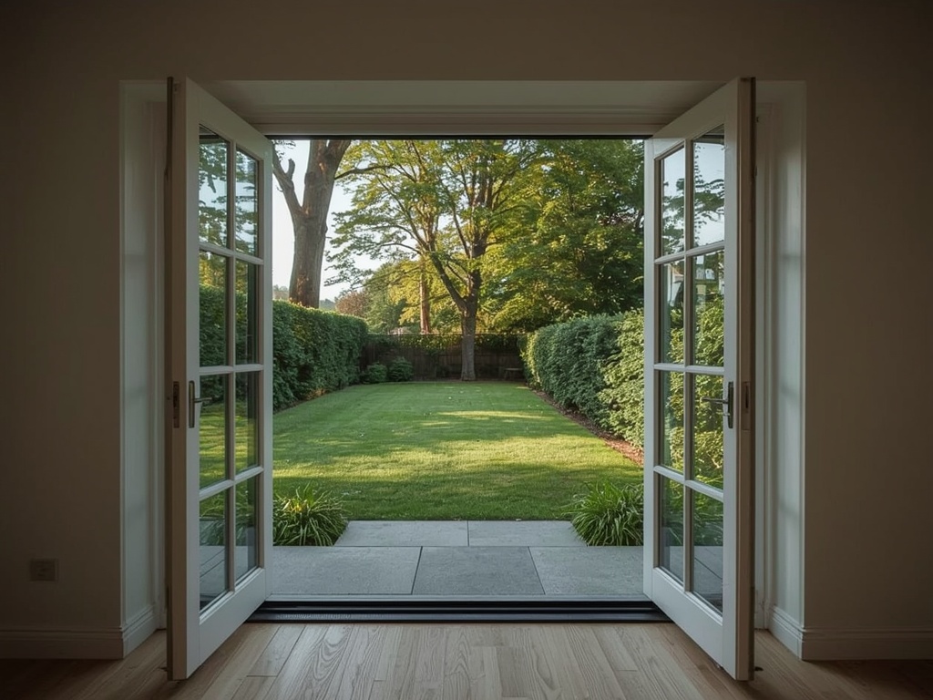 uitzicht vanuit woning in Raamsdonksveer door kunststof openslaande tuindeuren naar tuin met bomen